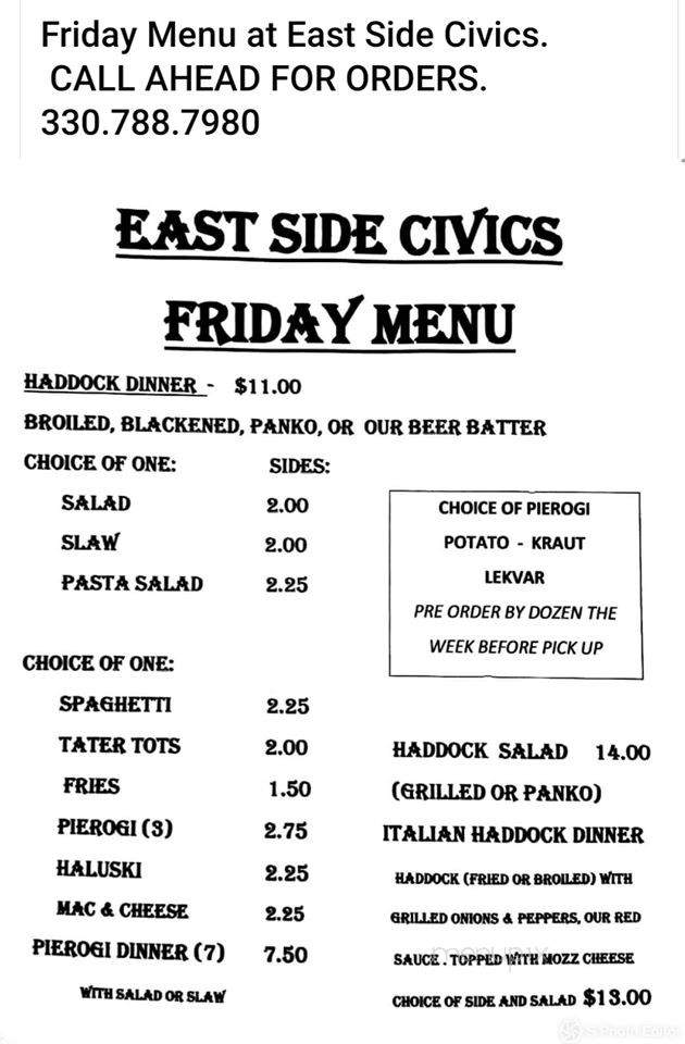 East Side Civics - Youngstown, OH menu_pic