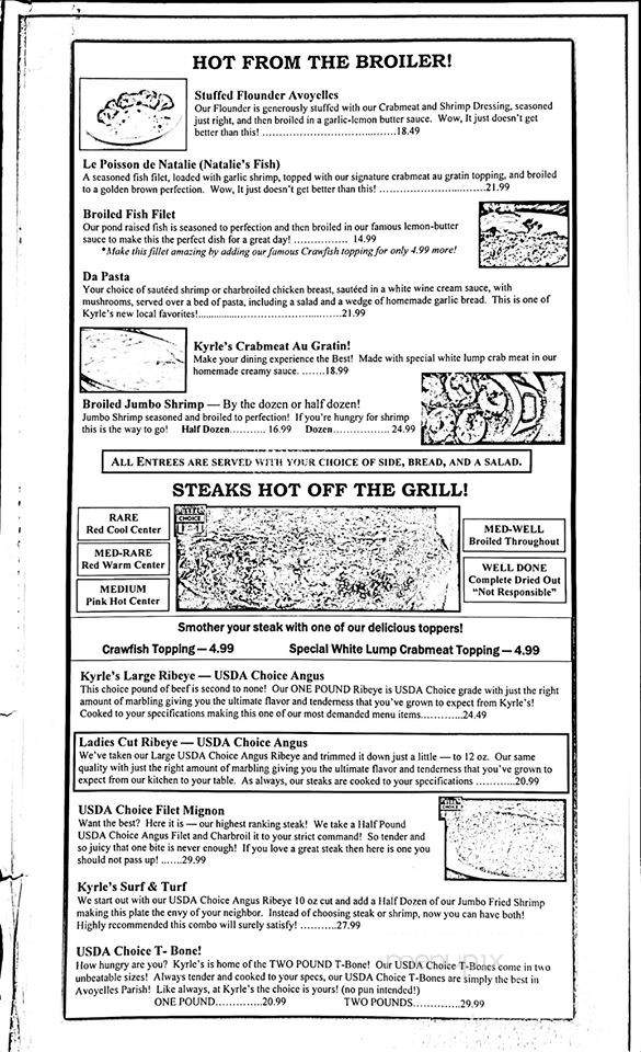 Kyrle's Seafood & Steak House - Mansura, LA menu_pic