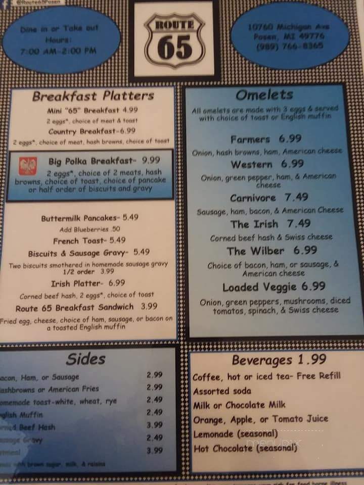 Route 65 Diner - Posen, MI menu_pic