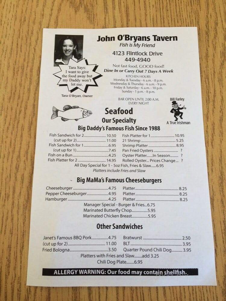 John O'Bryan's Tavern - Louisville, KY menu_pic