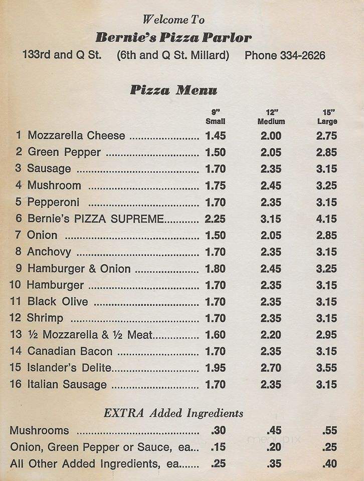 Bernie's Pizza Parlor - Omaha, NE menu_pic