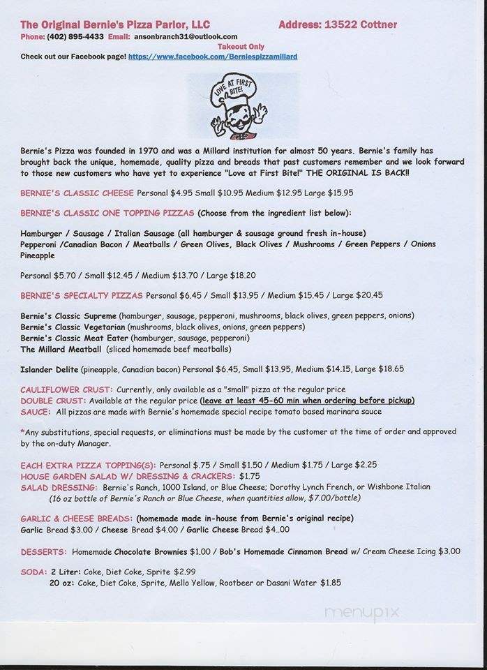 Bernie's Pizza Parlor - Omaha, NE menu_pic