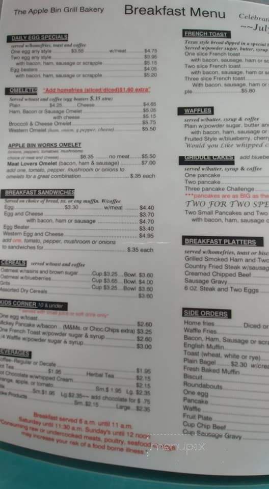 Apple Bin Grill & Bakery - Biglerville, PA menu_pic