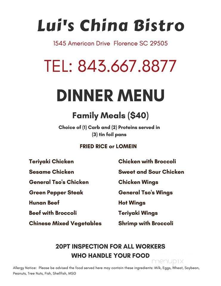 Lui's Chinese Restaurant - Florence, SC menu_pic