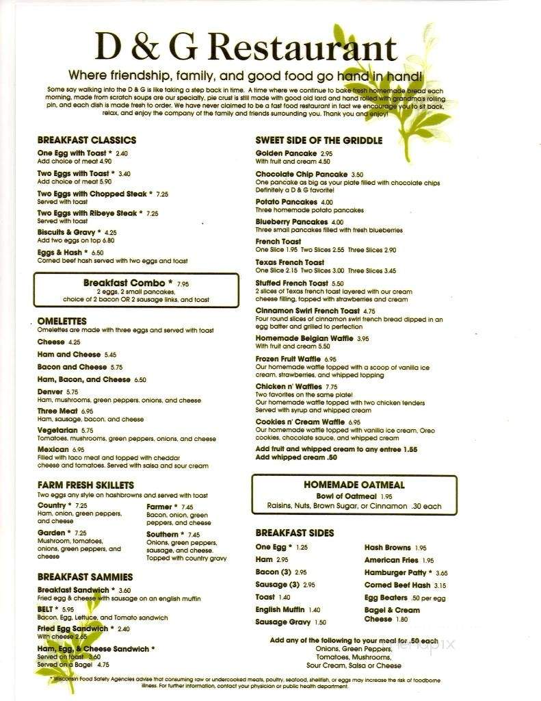 D & G Restaurant - Greenleaf, WI menu_pic
