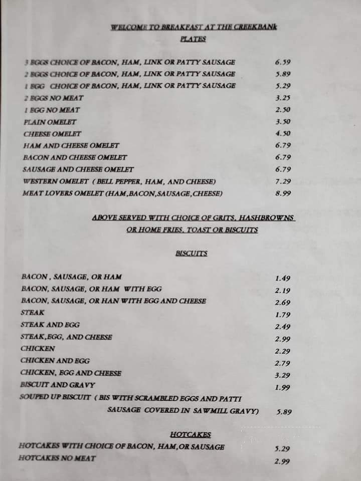 Creek Bank Restaurant - Wagarville, AL menu_pic