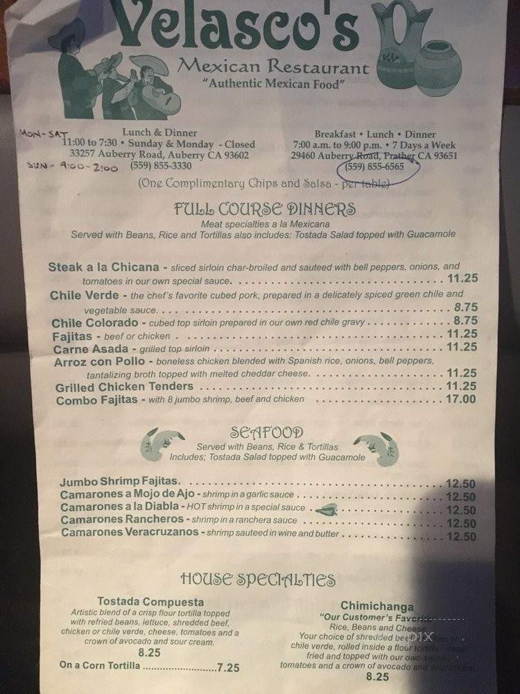 Velasco's Mexican Restaurant - Prather, CA menu_pic