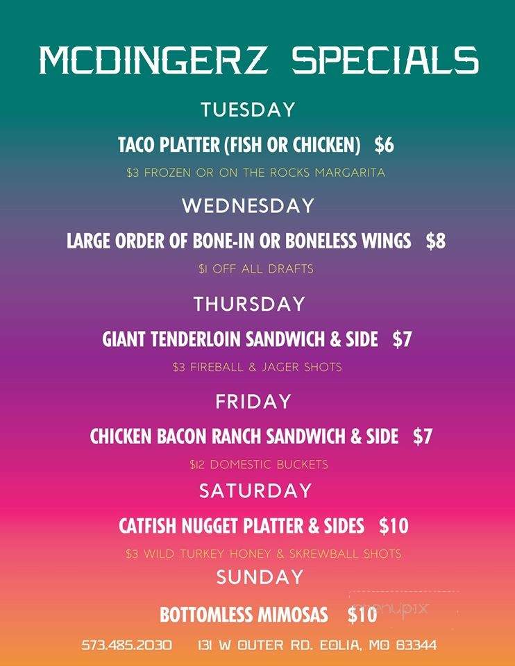 Menu of McDingerz in Eolia, MO 63344