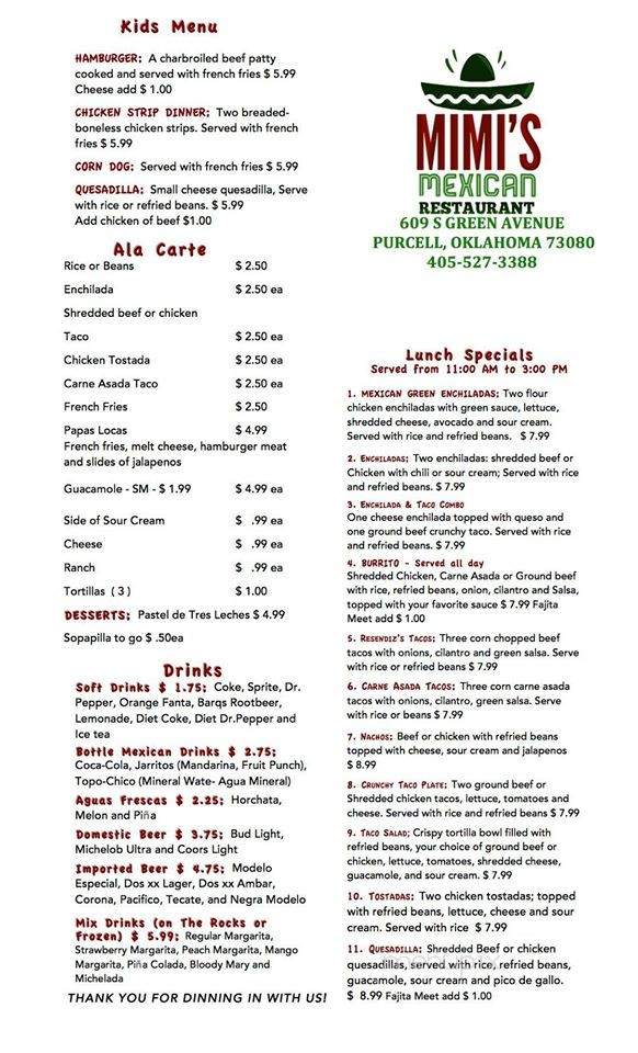 Mimi's Mexican Resturant - Purcell, OK menu_pic