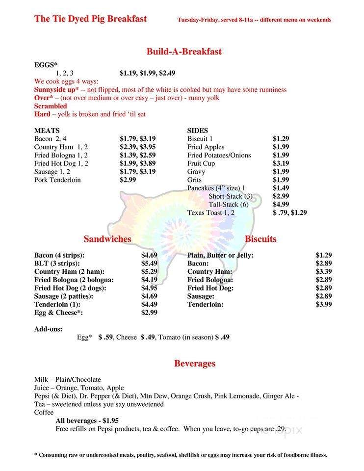 The Tie Dyed Pig - Radford, VA menu_pic