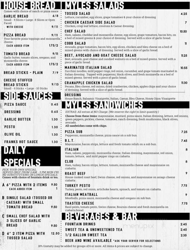 Myles Pizza Pub - Greenville, SC menu_pic