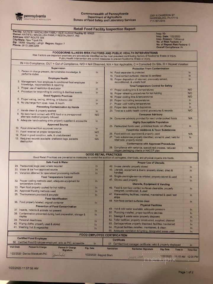 Katie's Macalush Family Restaurant - New Tripoli, PA menu_pic