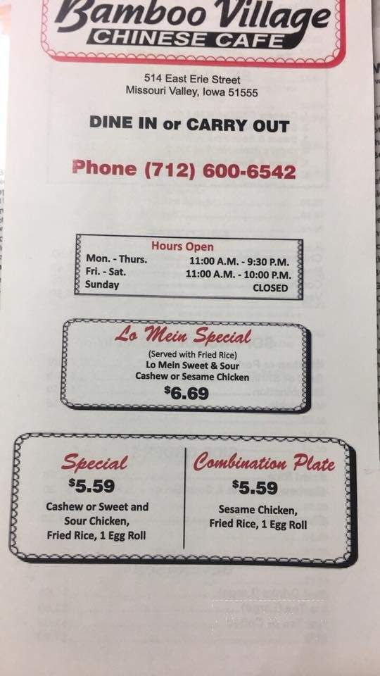 Bamboo Village Chinese Cafe - Missouri Valley, IA menu_pic