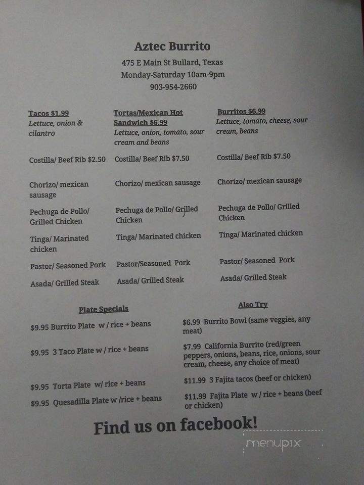 Aztec Burrito - Bullard, TX menu_pic