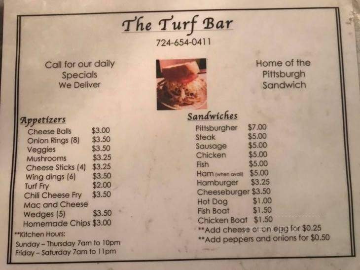 Turf Bar - New Castle, PA menu_pic