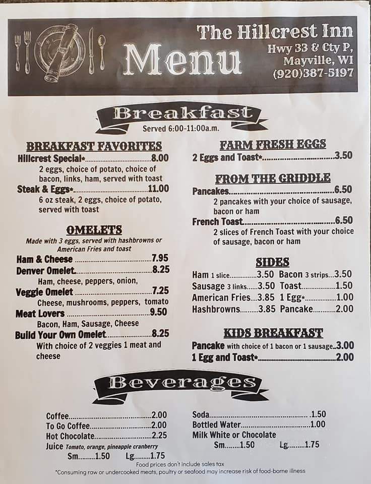 Hillcrest Motel - Mayville, WI menu_pic