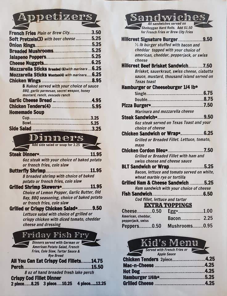 Hillcrest Motel - Mayville, WI menu_pic