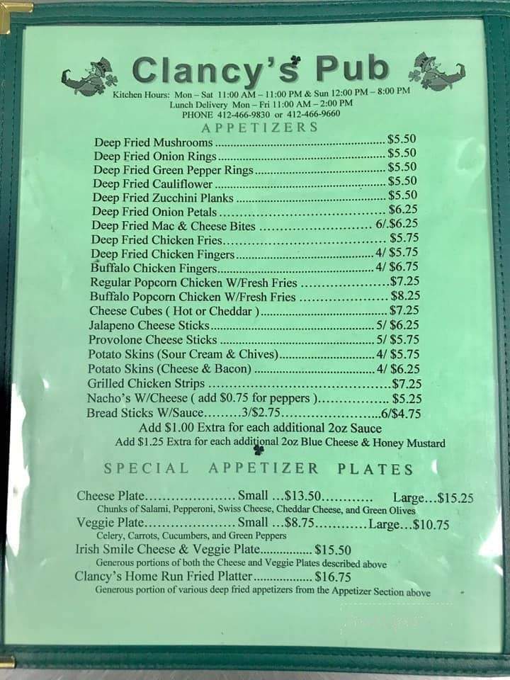 Clancy's Pub - Dravosburg, PA menu_pic