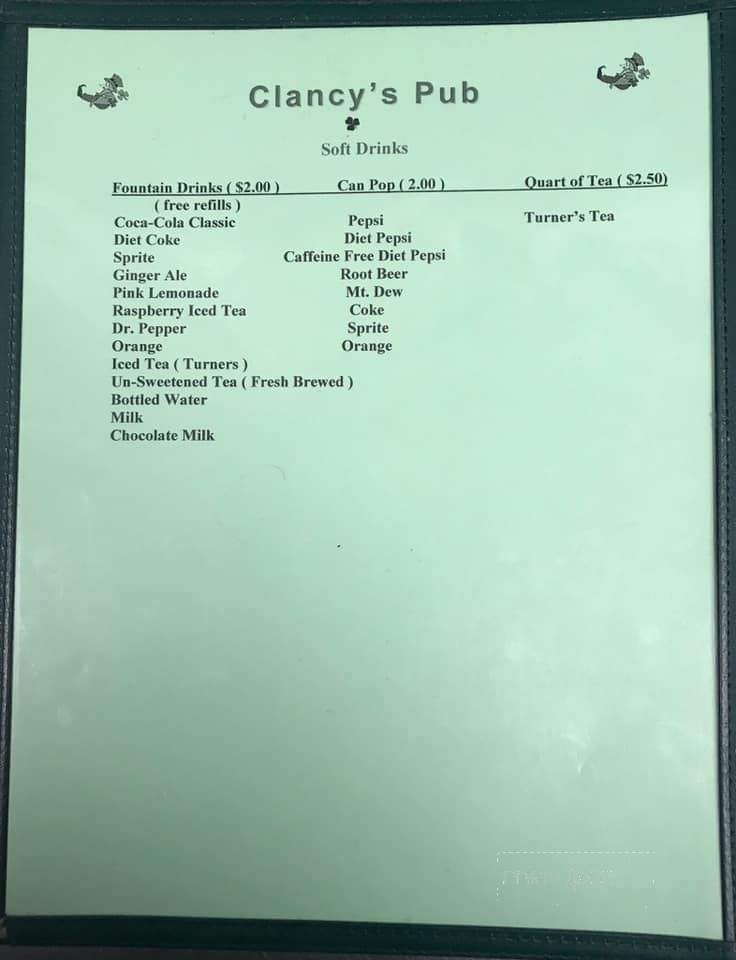 Clancy's Pub - Dravosburg, PA menu_pic
