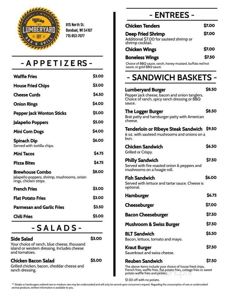 Lumber Yard Tavern - Bonduel, WI menu_pic