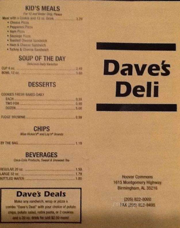 Dave's Deli - Hoover, AL menu_pic