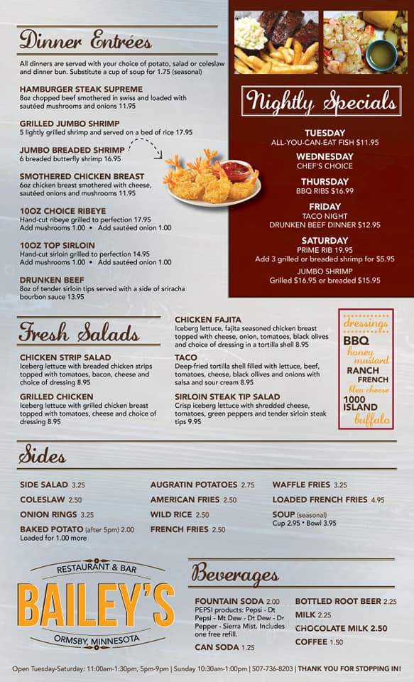 Baileys Restaurant & Bar - Ormsby, MN menu_pic