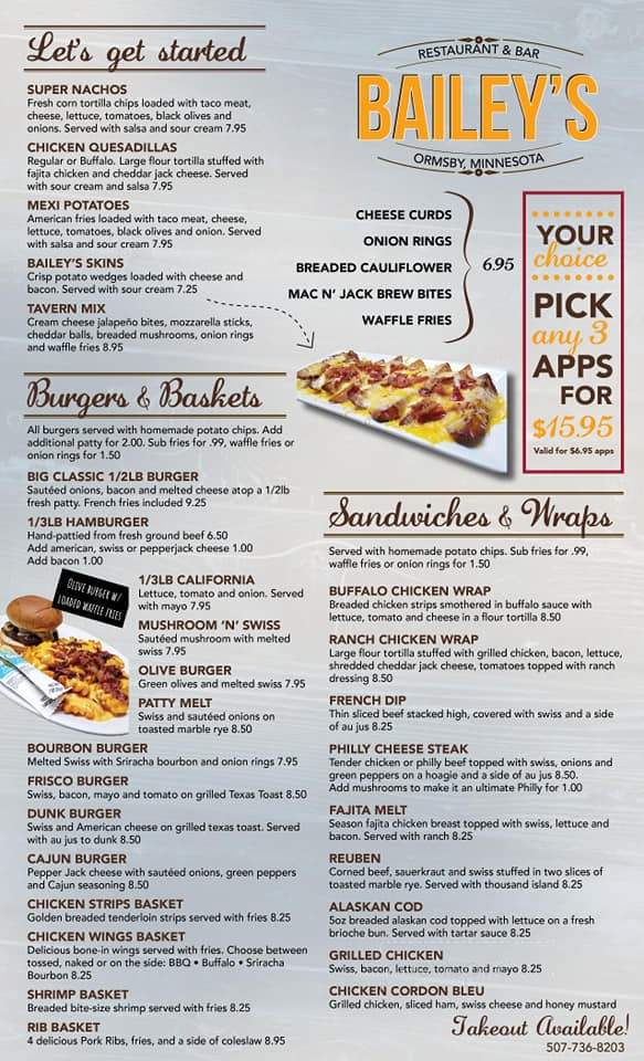 Baileys Restaurant & Bar - Ormsby, MN menu_pic