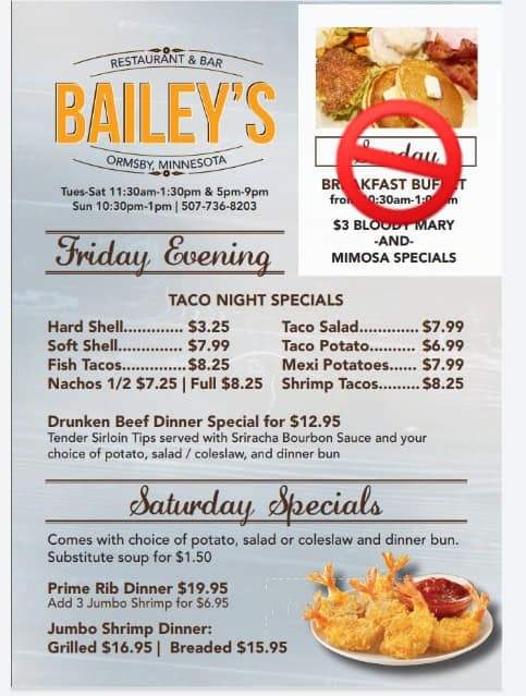 Baileys Restaurant & Bar - Ormsby, MN menu_pic