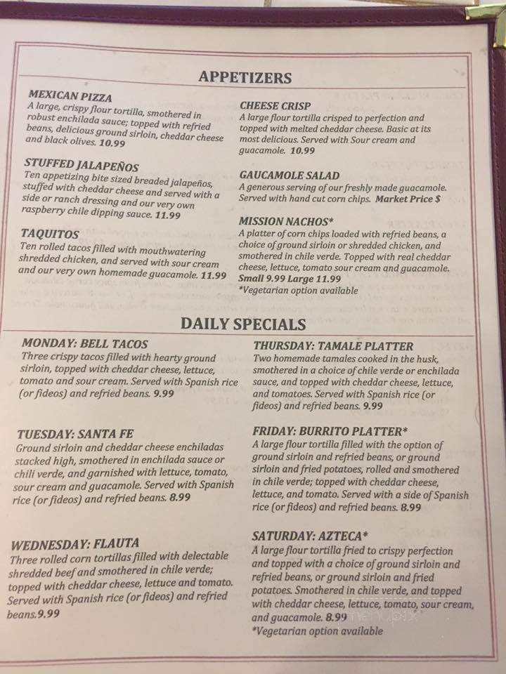 Menu of Mission At The Bell Restaurant in Trinidad, CO 81082