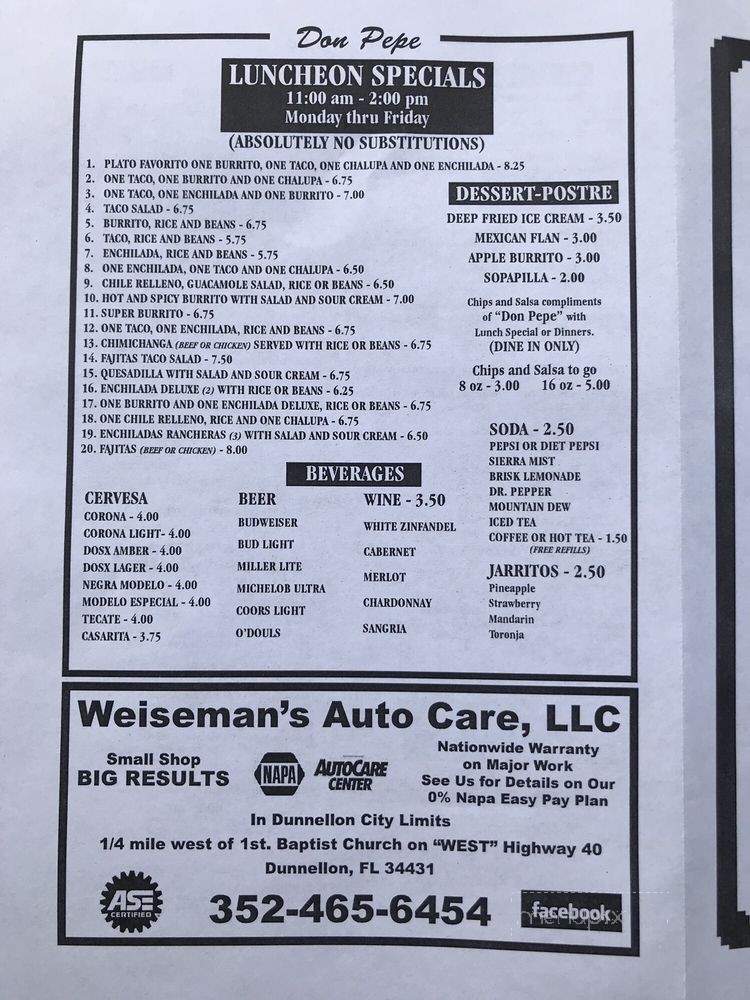 Don Pepe Mexican Restaurant - Dunnellon, FL menu_pic