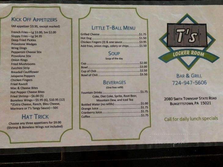 T's Locker Room - Burgettstown, PA menu_pic