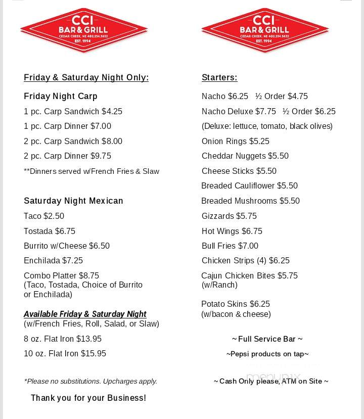 Menu of Cedar Creek Inn Bar & Grill in Cedar Creek, NE 68016