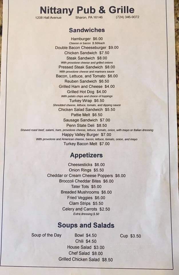 Nittany Pub & Grille - Sharon, PA menu_pic