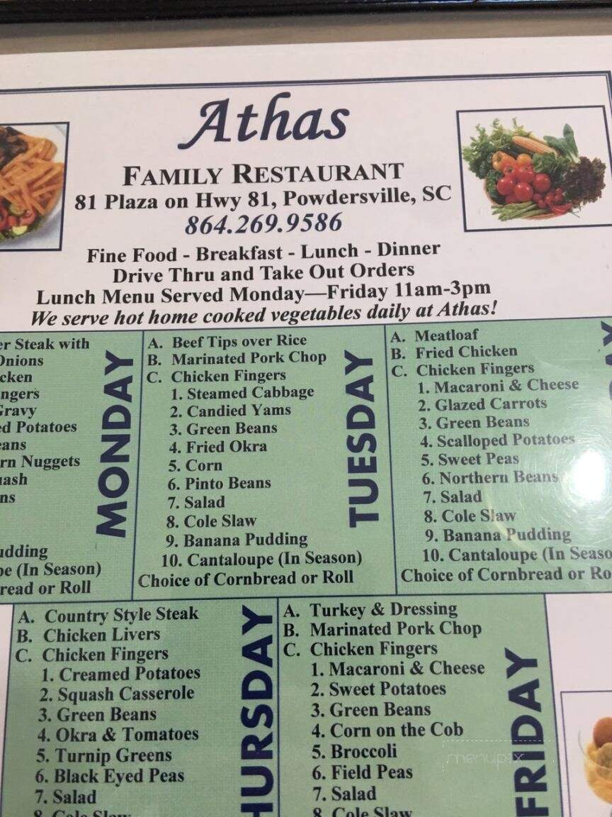 Athas Family Restaurant - Piedmont, SC menu_pic