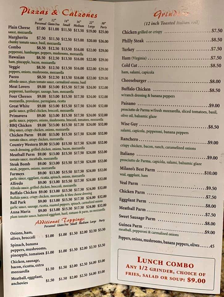 Milano's Pizzaria & Restaurant - Chicopee, MA menu_pic