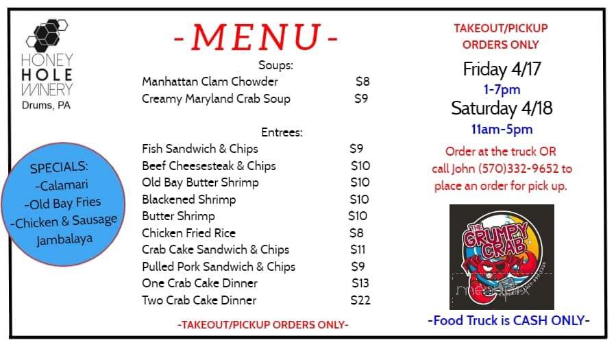 Honey Hole Winery - Drums, PA menu_pic