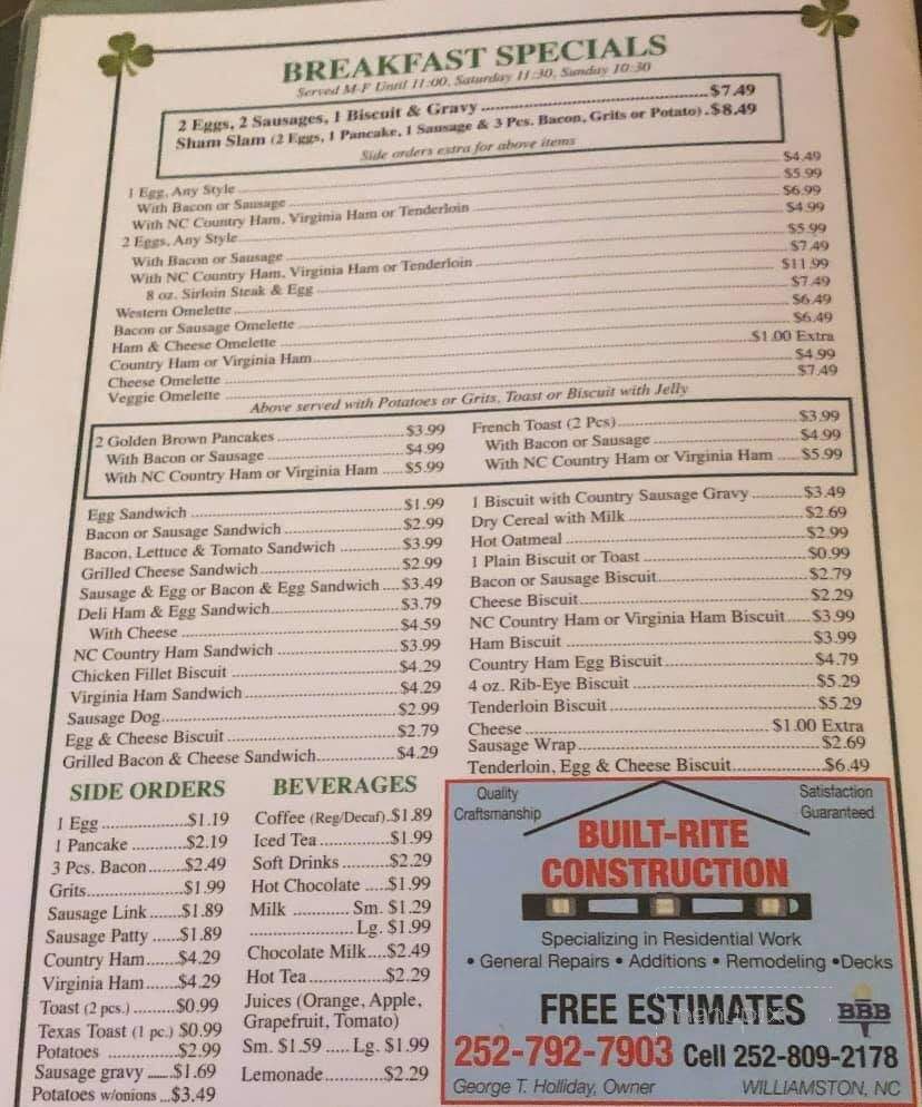 Shamrock Restaurant - Williamston, NC menu_pic