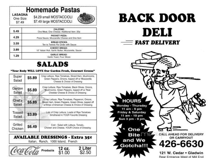 Backdoor Deli - Gladwin, MI menu_pic