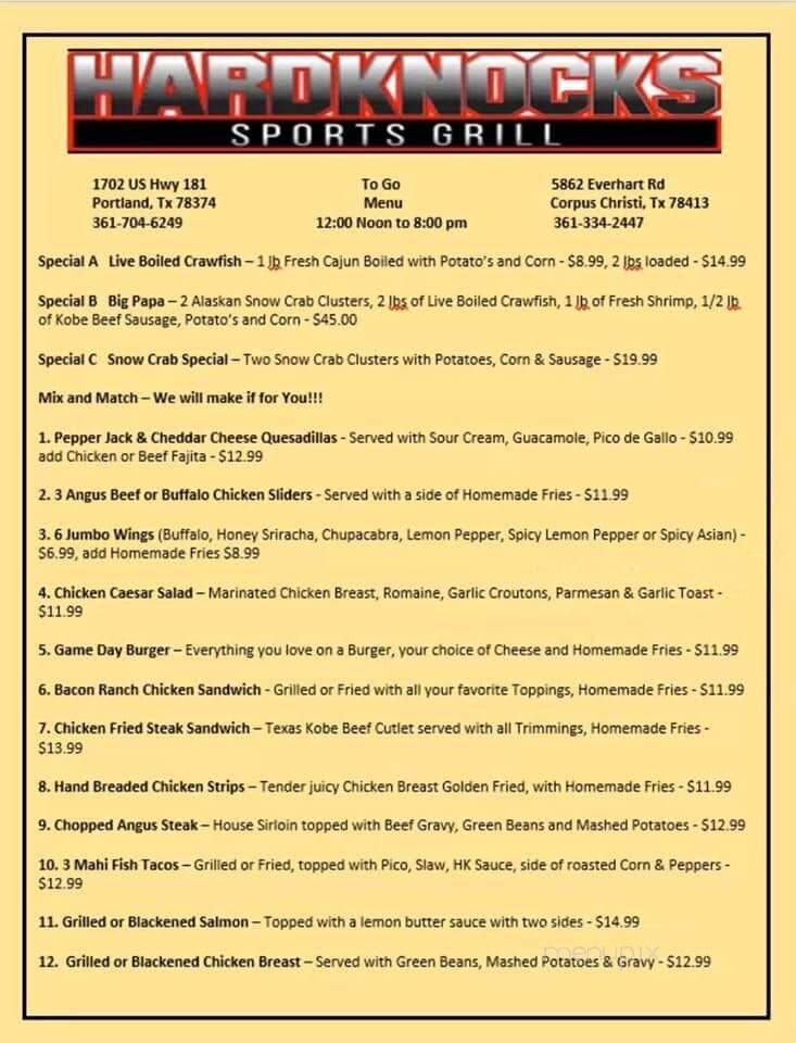 Hardknocks Sports Grill - Portland, TX menu_pic