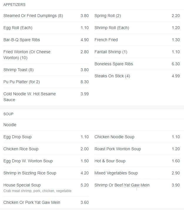 Hong Kong Chinese Restaurant - Hayes, VA menu_pic
