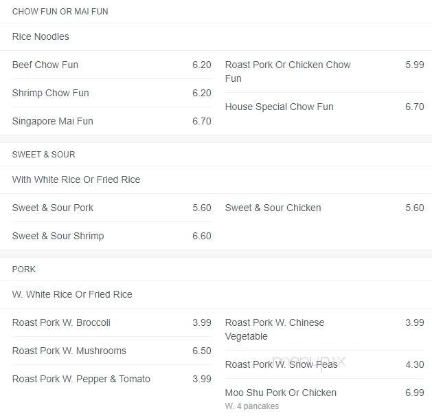Hong Kong Chinese Restaurant - Hayes, VA menu_pic