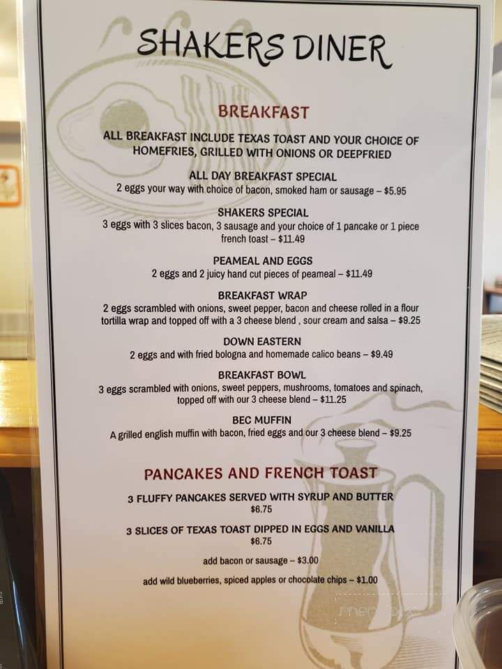 Shakers Family Restaurant - Plattsville, ON menu_pic