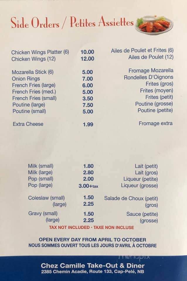 Chez Camille Take Out - Cap-Pele, NB menu_pic