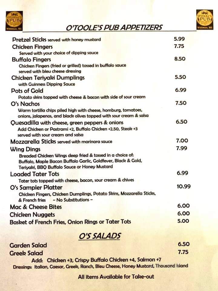 O'Toole's Pub - Whitman, MA menu_pic