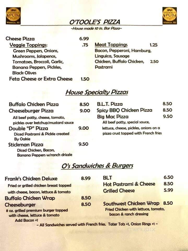 O'Toole's Pub - Whitman, MA menu_pic