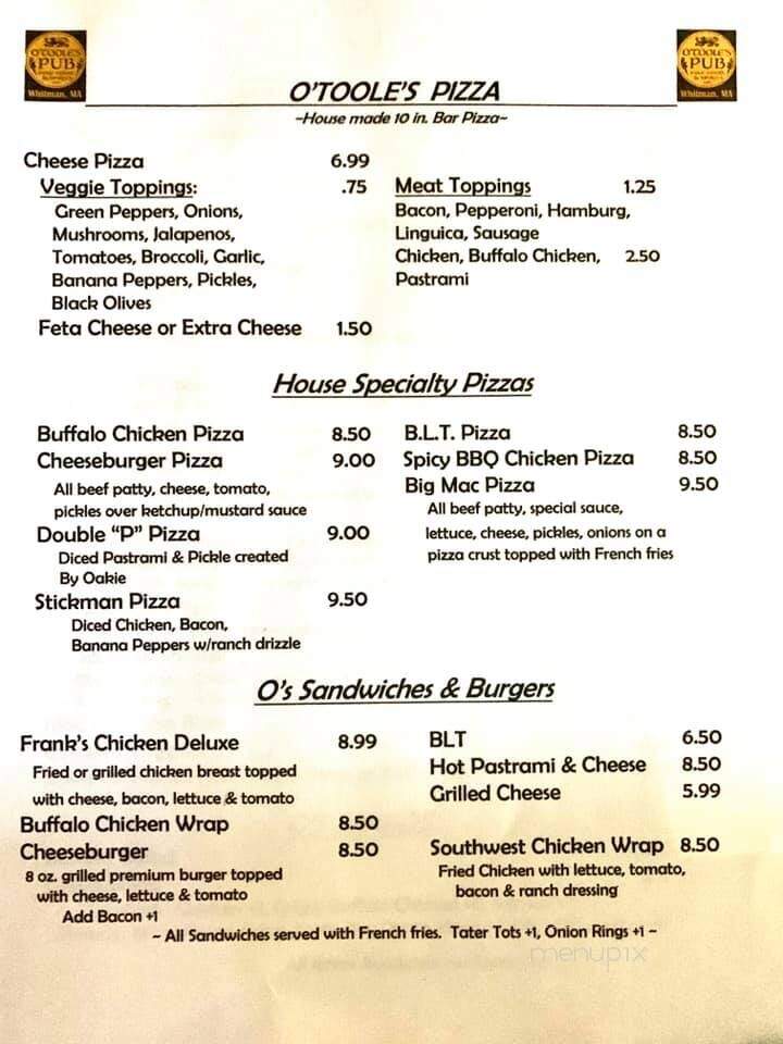 O'Toole's Pub - Whitman, MA menu_pic