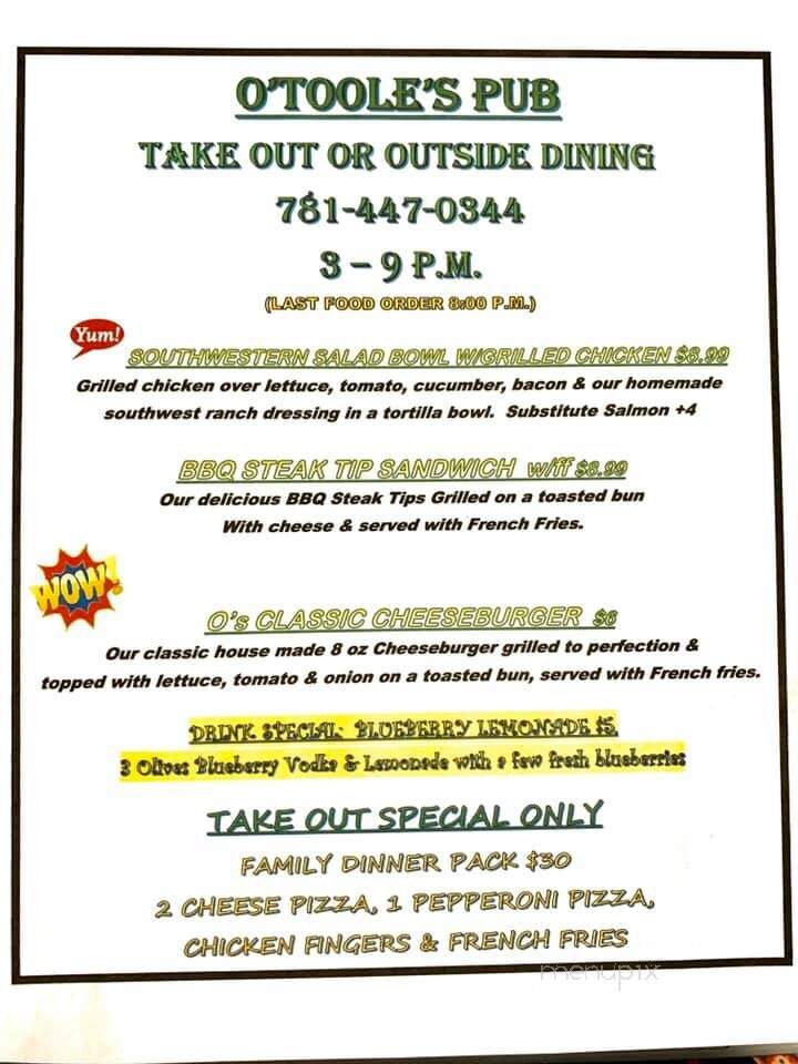 O'Toole's Pub - Whitman, MA menu_pic