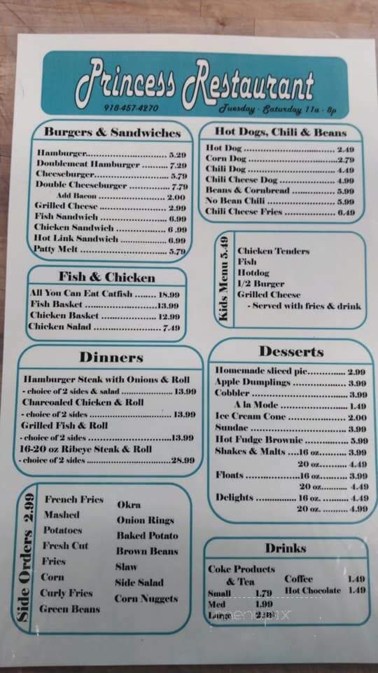 Princess Restaurant - Park Hill, OK menu_pic