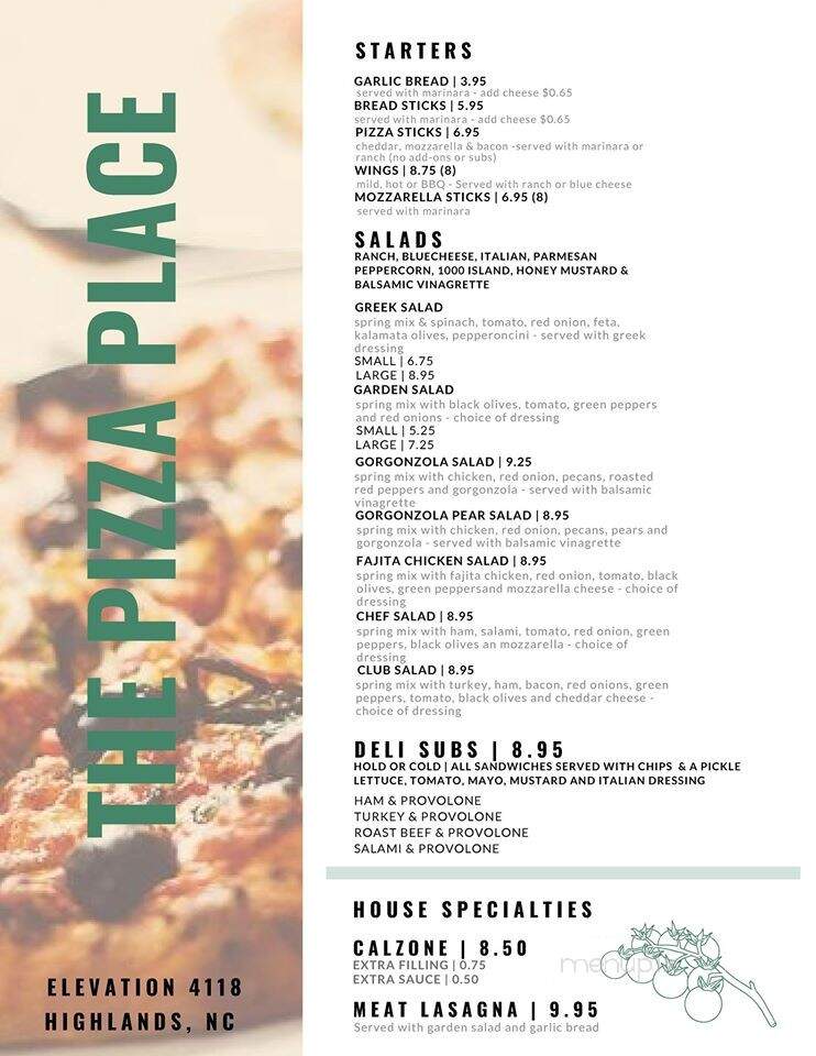 The Pizza Place - Highlands, NC menu_pic