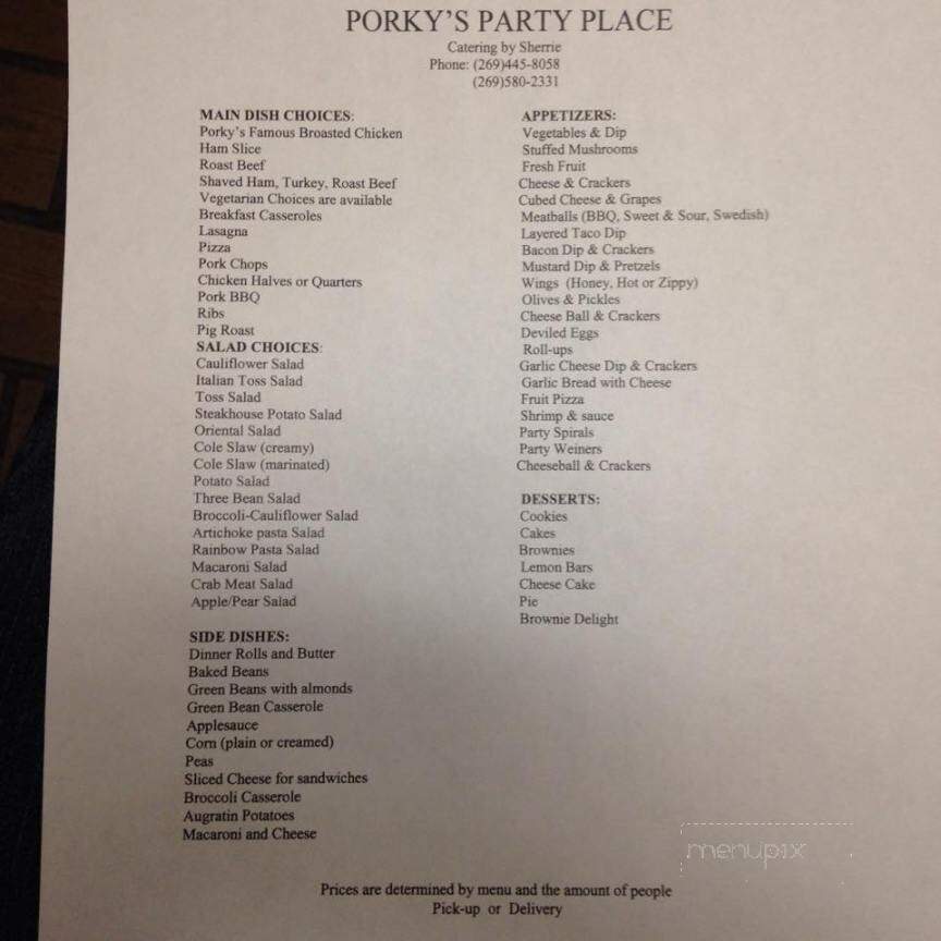 Porky's Party Place - Cassopolis, MI menu_pic